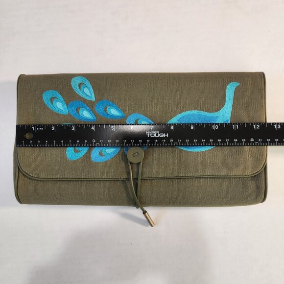 Serena & Lily Envelope Clutch Purse Peacock Embroidered Olive Green Canvas - Picture 9 of 13